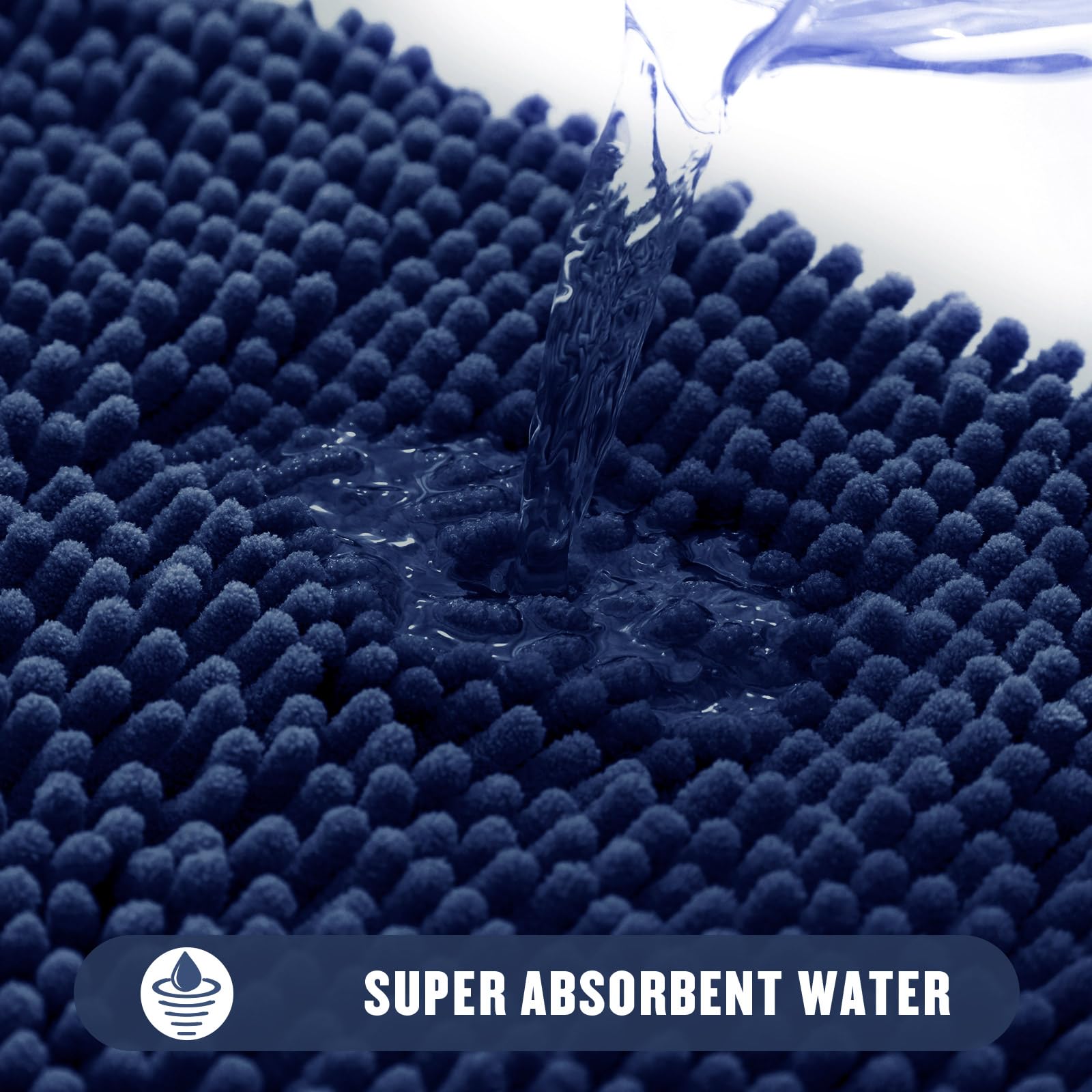 MitoVilla Lot de 2 tapis de salle de bain en chenille extra doux et absorbant - Tapis de sol antidérapant et épais à poils longs - 50,8 x 81,3 cm - Bleu marine