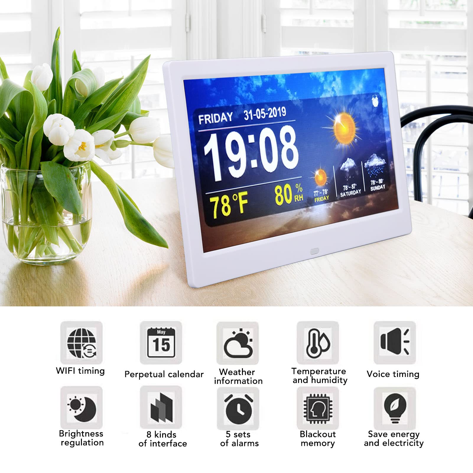KIMISS 10 Inch WIFI Weerklok, 100‑240V Digitale Kalender KIMISS 10 Inch WIFI Weerklok, 100‑240V Digitale Kalender