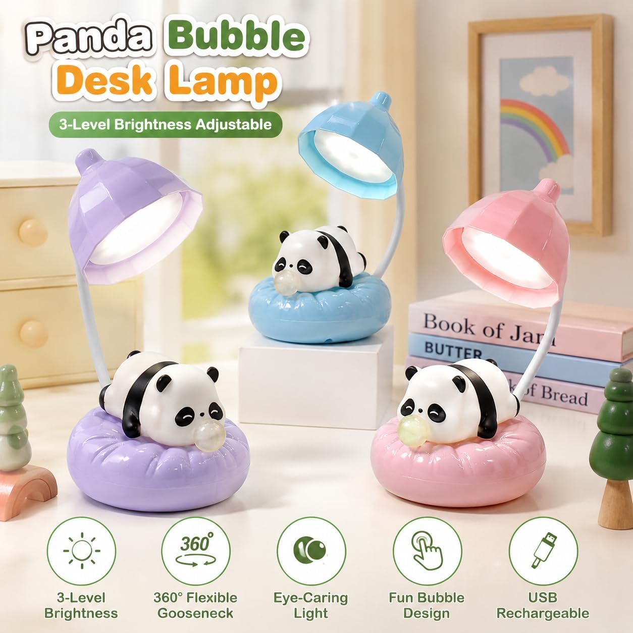 LED Desk Lamp with USB Charging Port, Gooseneck, Cute Panda Night Light for Bedroom Study Room, Boys Girls Children, Touch Control, Rechargeable Lighting Decor for Boys Girls-Pink-Panda image 2