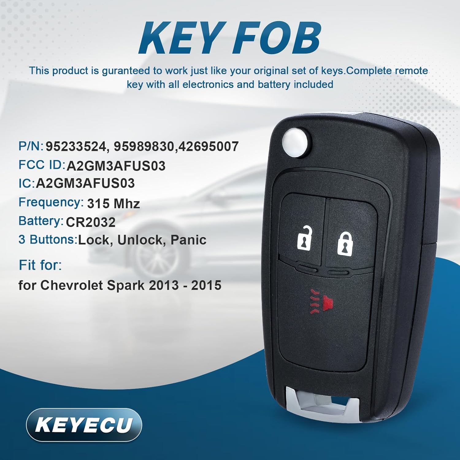 Keyecu Replacement Remote Key Fob for Chevrolet Spark 2013 2014 2015 FCC ID:A2GM3AFUS03 P/N 95989830 95233524