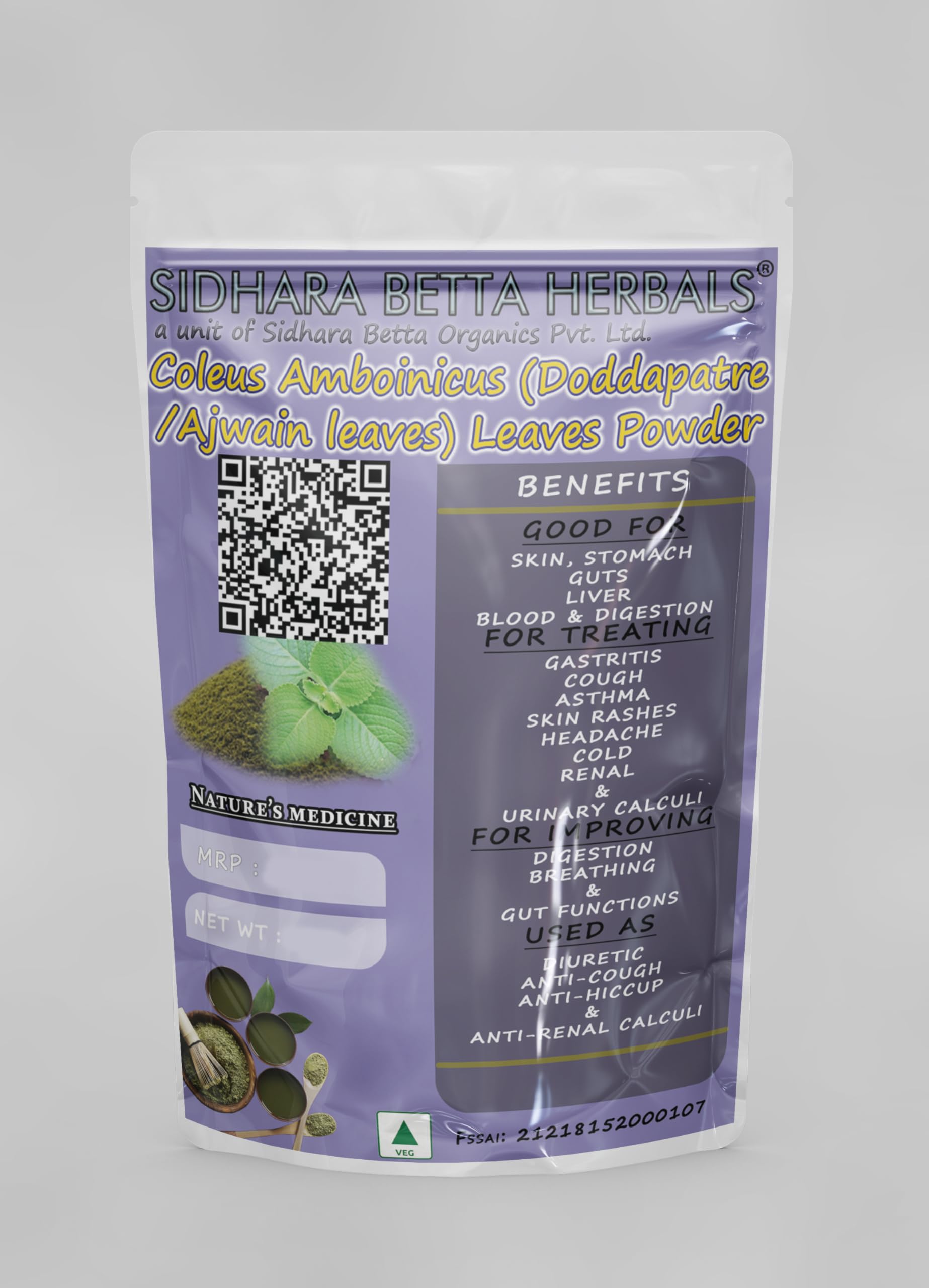 SIDHARA BETTA HERBALS Coleus Amboinicus (Doddapatre /Ajwain Leaves) Leaves Powder |Pack of 1|