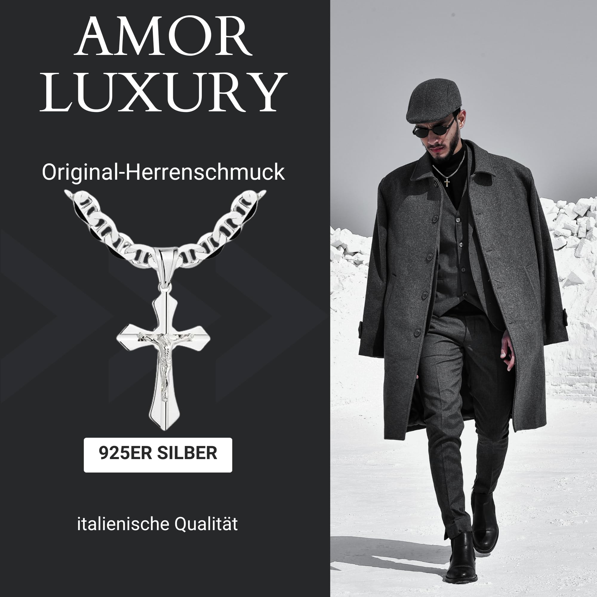 AMAR ZELYA ketten für herren silber 925 Kreuz Kette 60 cm, panzerkette 925 silber, königskette- schmuck for men, italienische Qualität