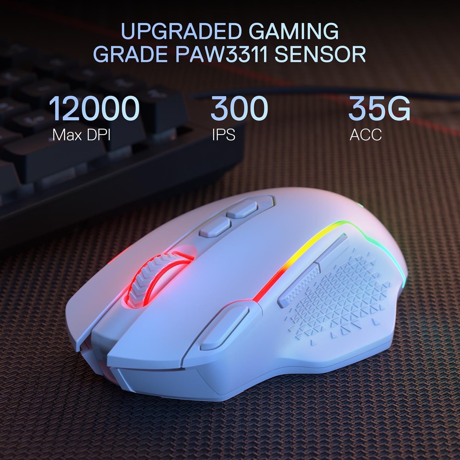 Redragon M810 MAX - Ratón inalámbrico para juegos de 3 modos, 12000 DPI con cable/inalámbrico RGB con tecla de disparo rápido, 8 botones macro, capacidad de energía fiable de 188 horas para PC/Mac