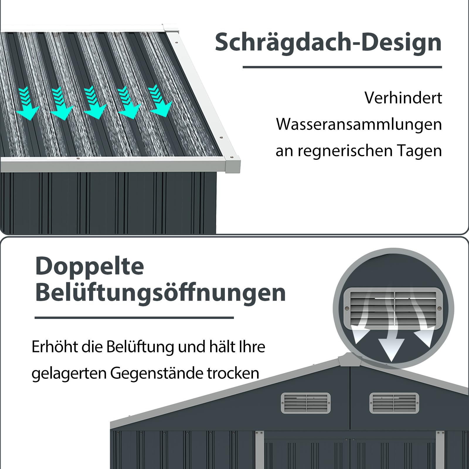 COSTWAY Geräteschuppen, Gerätehaus Metall mit Pultdach & Schiebetüren, Gartenhaus mit 4 Luftventile & Bodenbasis, Fahrradgarage Gartenschuppen für Garten, Rasen, Terrasse, 235 x 171 x 196 cm
