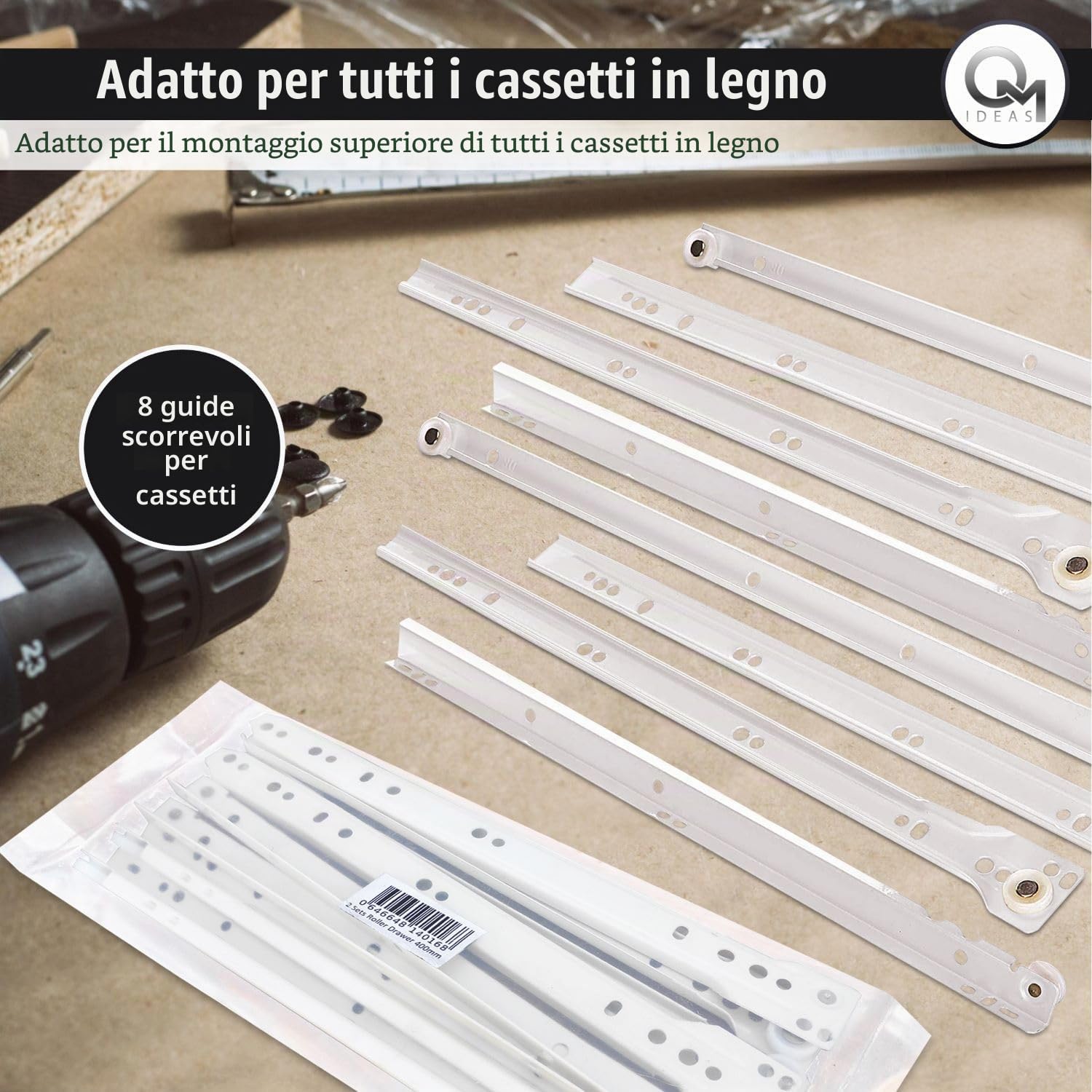 2 paia di guide per cassetti di alta qualità con base fissa in metallo bianco, 400 mm