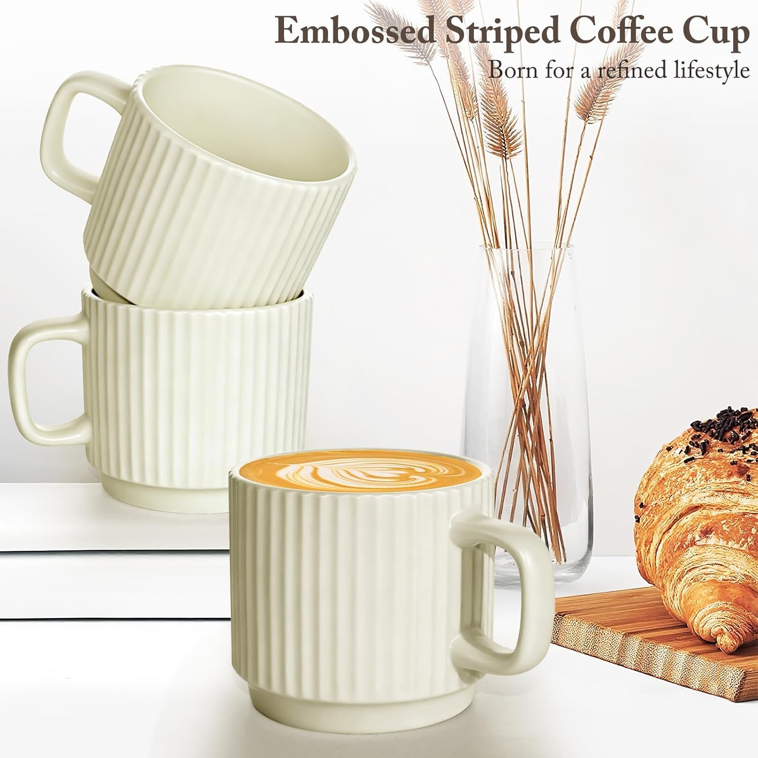Juego De 4 Tazas De Café Apilables De Porcelana, Tazas De Espresso De 200 Ml con Asa para Té, Latte, Cacao Y Capuchino - Elegante Vajilla De Cerámica Blanca