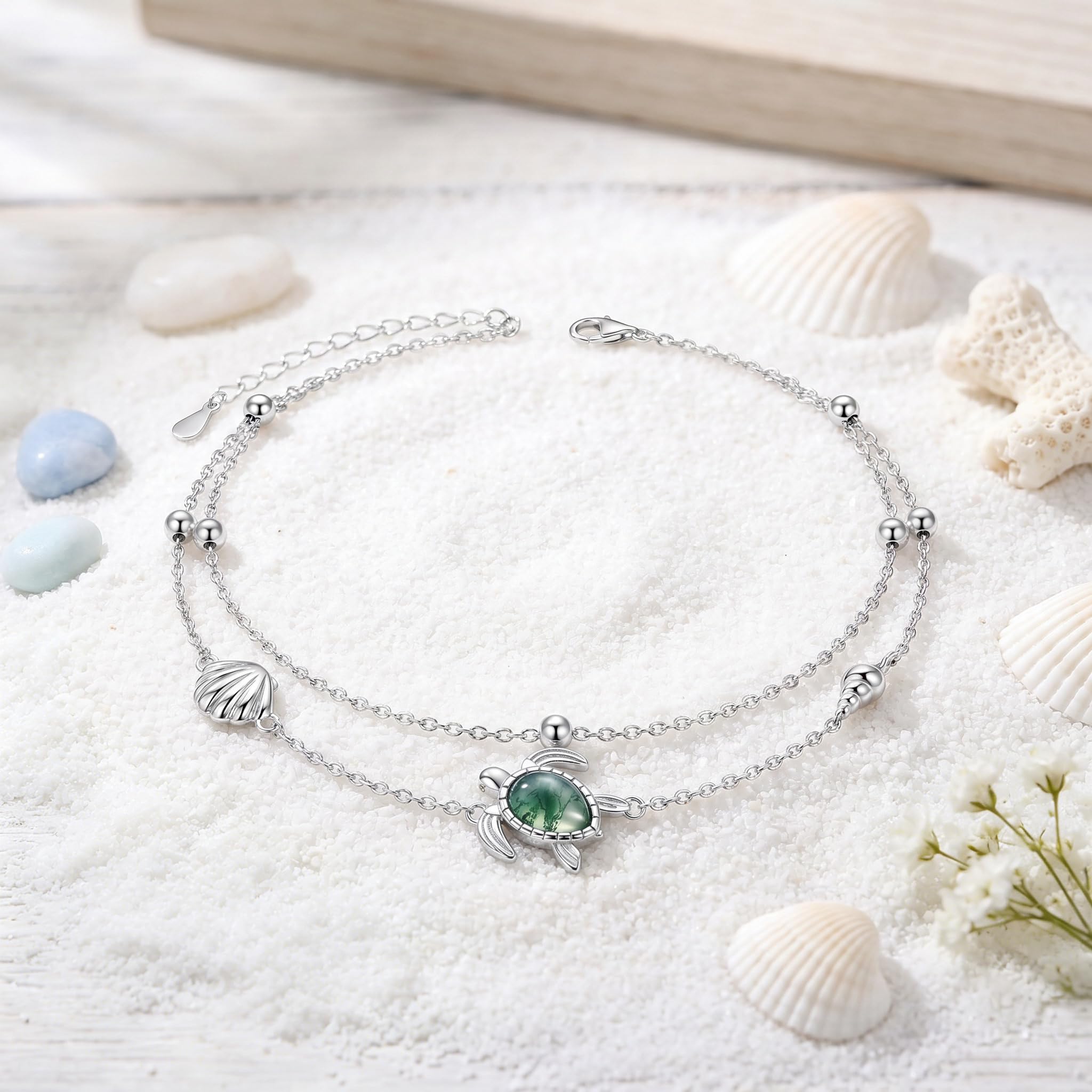 Tobillera de plata de ley S925 con mariposa, ancla, tortuga marina, cruz, girasol, luna, para mujeres y niñas, pulsera de tobillo de doble capa, ajustable, joyería de cadena de pie