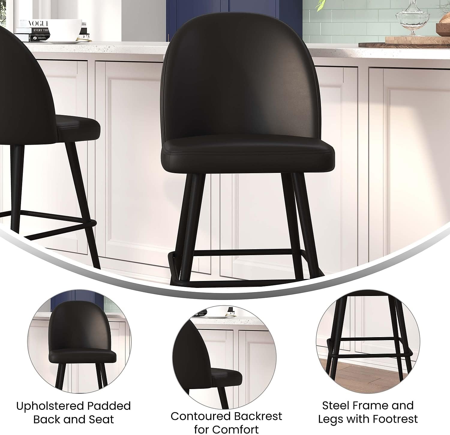 Flash Furniture Lyla Commercial Grade Modern Armless Barstools - Black LeatherSoft Upholstery - 30" Barstool - Contoured Backrest - Steel Frame & Footrest - Set of 2