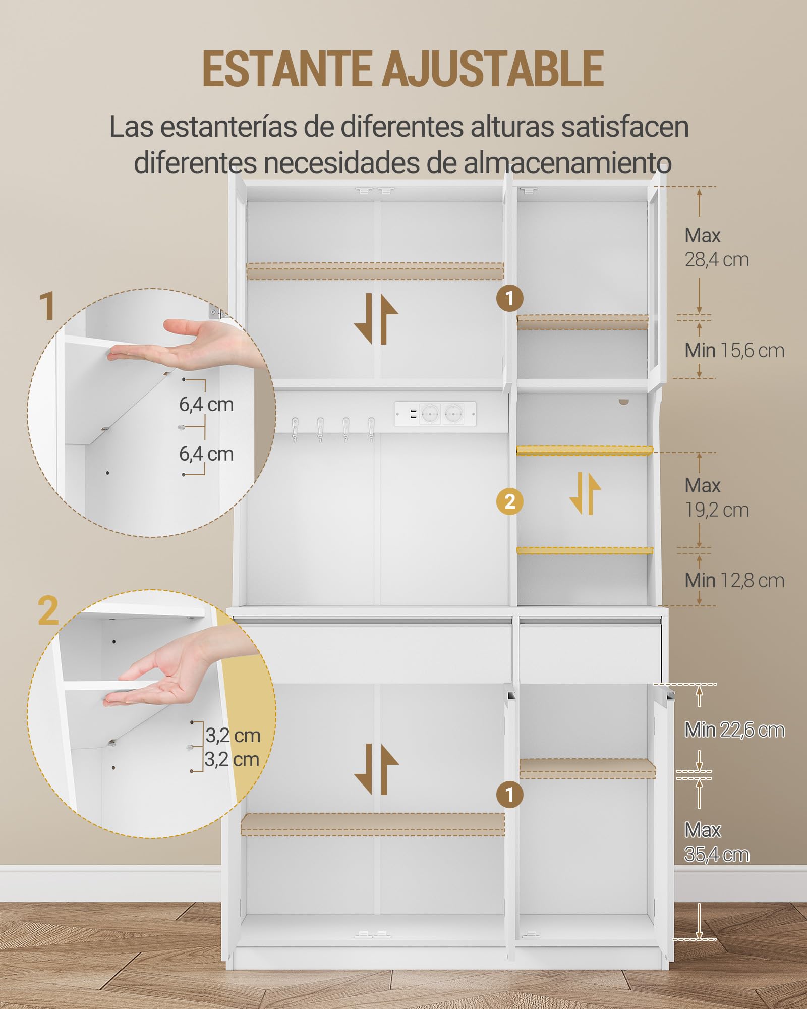 Hzuaneri Alacena de Cocina, Aparador Comedor, Armario Cocina Almacenaje con regleta y Tira de Luces LED, encimera y 2 cajones, estantes Regulables,área culinaria, salón, 40x100x180cm, Blanco