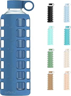 purifyou 40oz / 32oz / 22oz / 12oz Borosilicate Glass Water Bottle with Time & Volume Markers, Silicone Sleeve, Stainless Steel Lid | Reusable Glass Bottle for Water & Juice (40oz Chinese Porcelain)