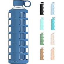 purifyou 40oz / 32oz / 22oz / 12oz Borosilicate Glass Water Bottle with Time &amp; Volume Markers, Silicone Sleeve, Stainless Steel Lid | Reusable Glass Bottle for Water &amp; Juice (40oz Chinese Porcelain)