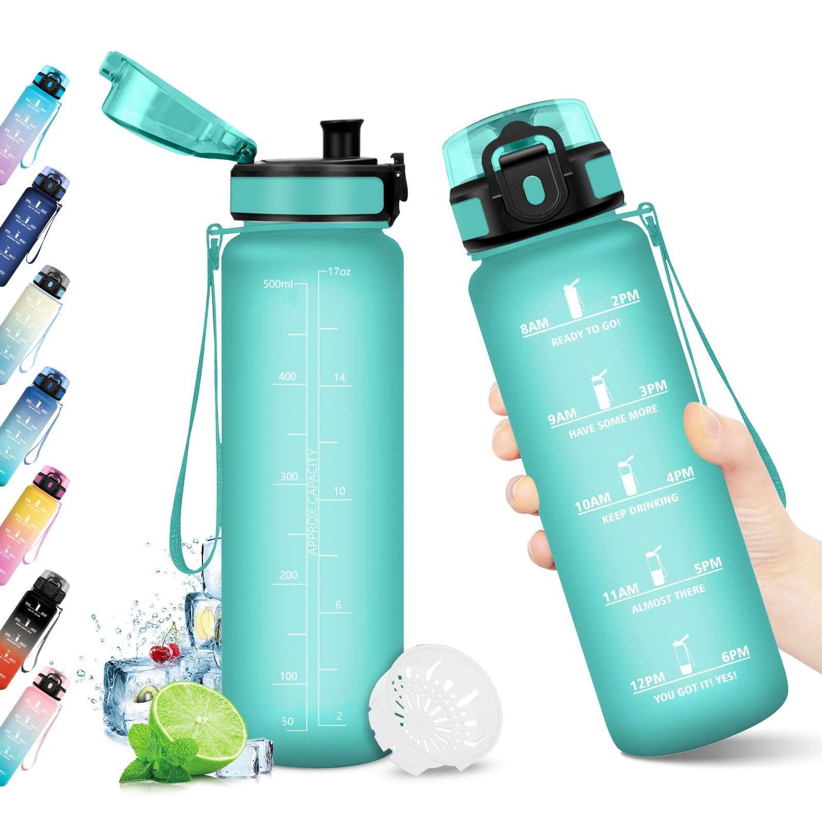 Trinkflasche 500ml, Sport Wasserflasche, Trinkflasche mit Filter und Zeitmarkierung, Auslaufsicher, BPA-frei, Ideal für Gym, Yoga, Camping, Fahrrad, Schule, Büro, Erwachsene, Kohlensäure geeignet