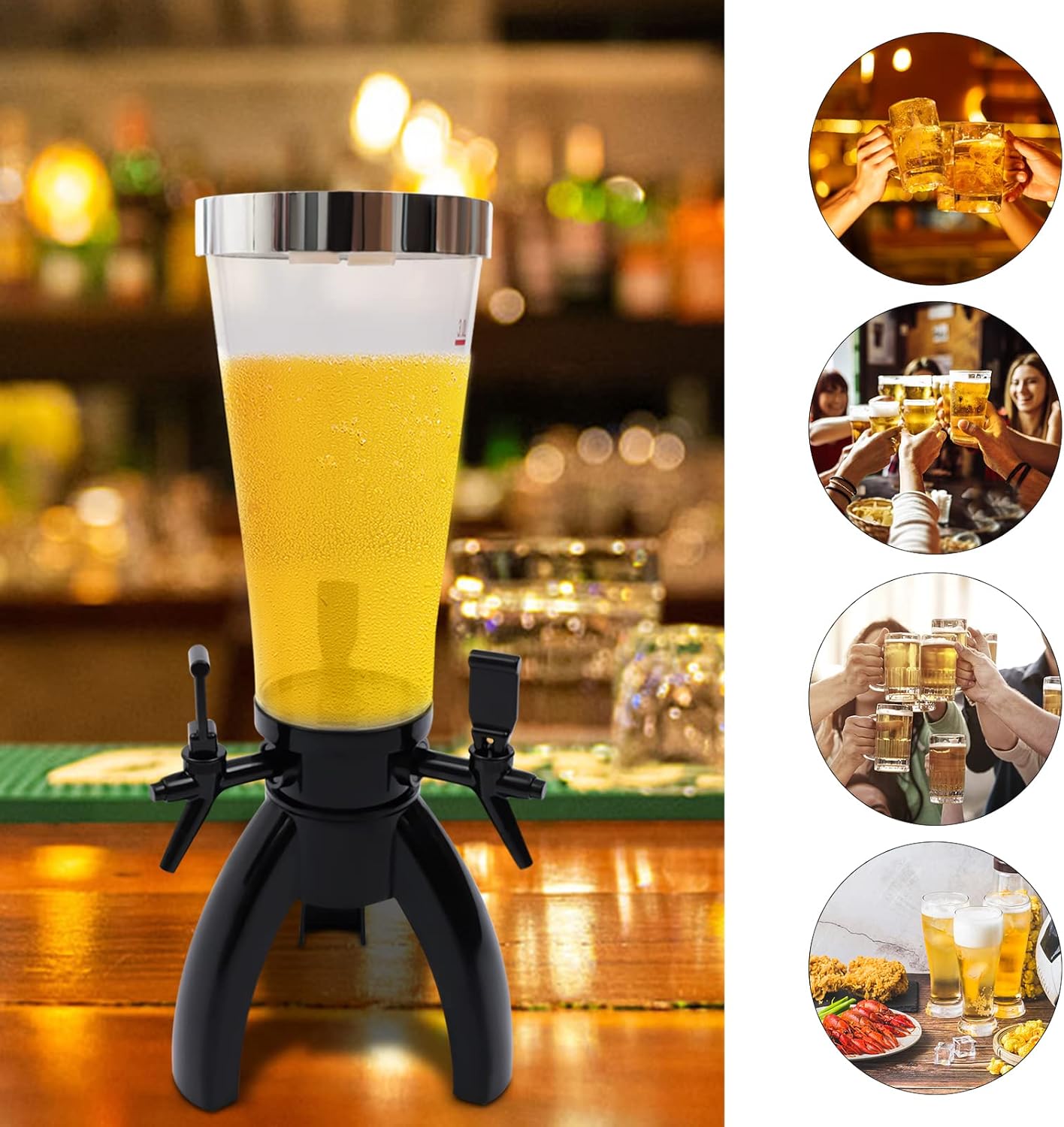 3L Beer Tower Dispenser, Spherical Beverage Dispenser Drink Tower, Clear Beverage Tower Dispenser with 3 Taps and Freeze Tube, Liquor Tower Dispenser Party, Restaurant, KTV, Barbecue Restaurant