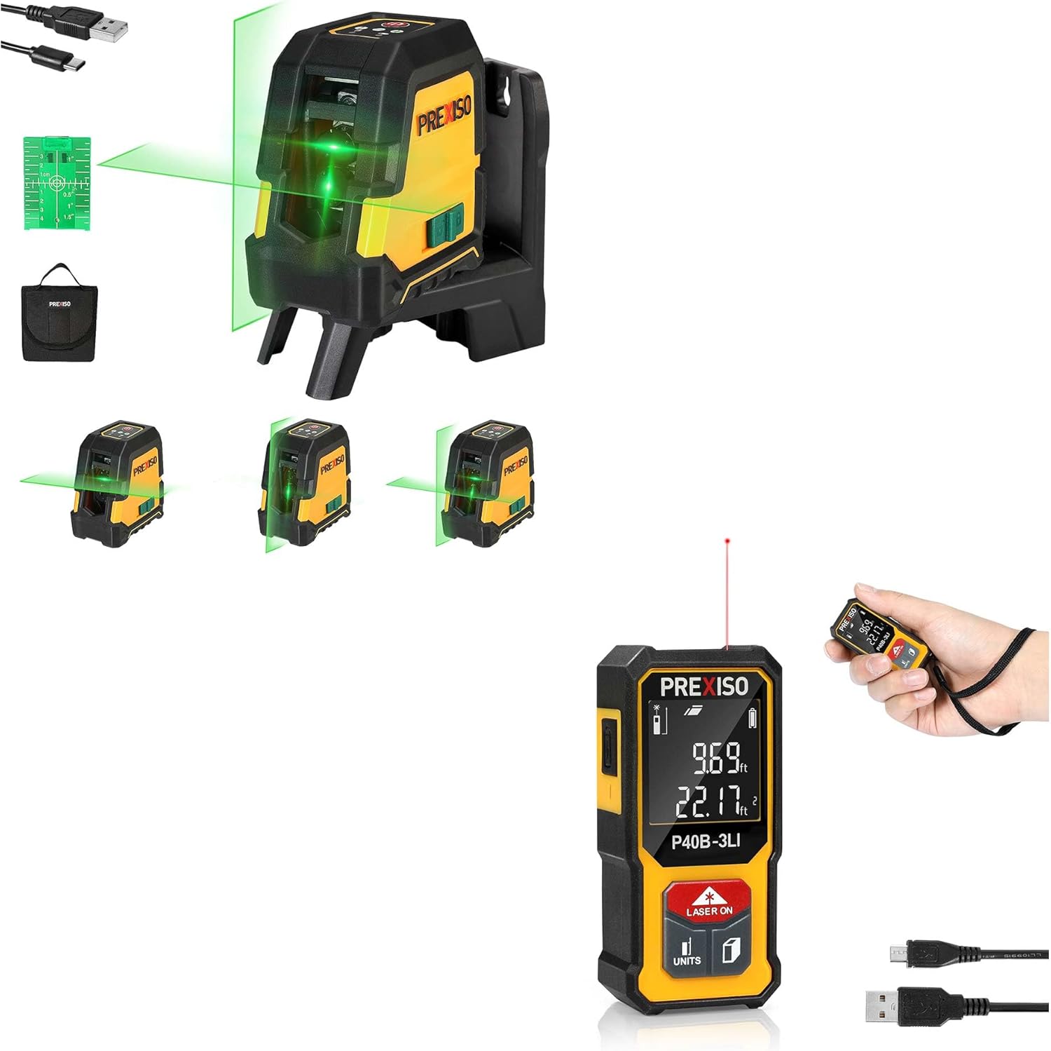 PREXISO 135Ft Rechargeable Mini Laser Measurement Tool & PREXISO 100Ft Rechargeable Dual Modules Laser Level