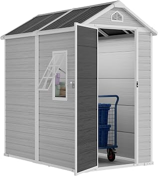 4x6 FT Outdoor Resin Storage Shed with Floor, Upgraded 21-Gauge Steel Frame & 16mm Ultra-Thick Double-Layer Panels, Compact Garden Tool House with Flexible Window & Lockable Door for Patio, Backyard