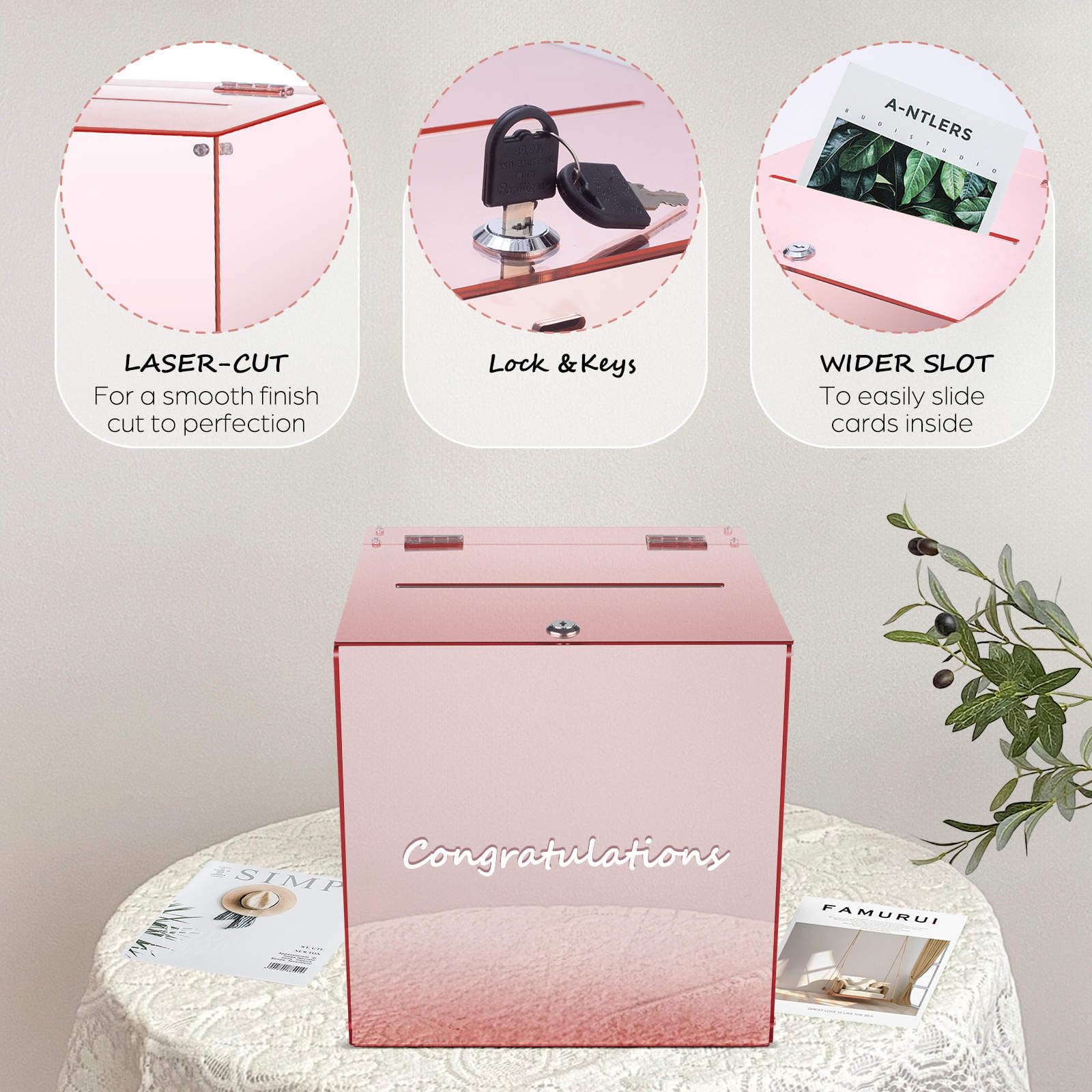 Generic Large Luxurious Card Box with Lock, Gift Money Card Box for Wedding Reception, Anniversary, Shower, Birthday Decorations (Rose Gold), 12in x 12in x 12in