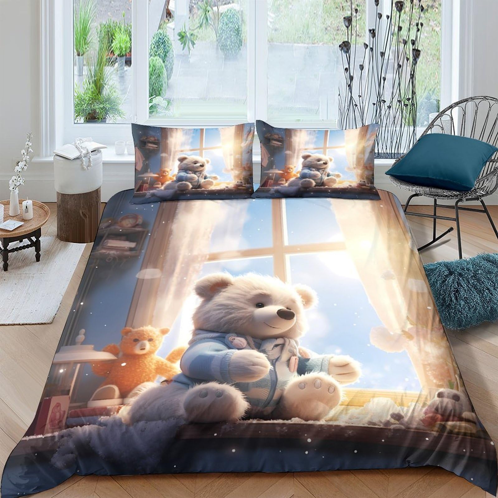 Ctjqhvkz Style-2 3D Printed Cozy Teddy Bear Fitted Sheet Microfiber Soft Decorative Window Scene Mattress Cover For Bedroom Dorm Home Decor Single（135X200cm）