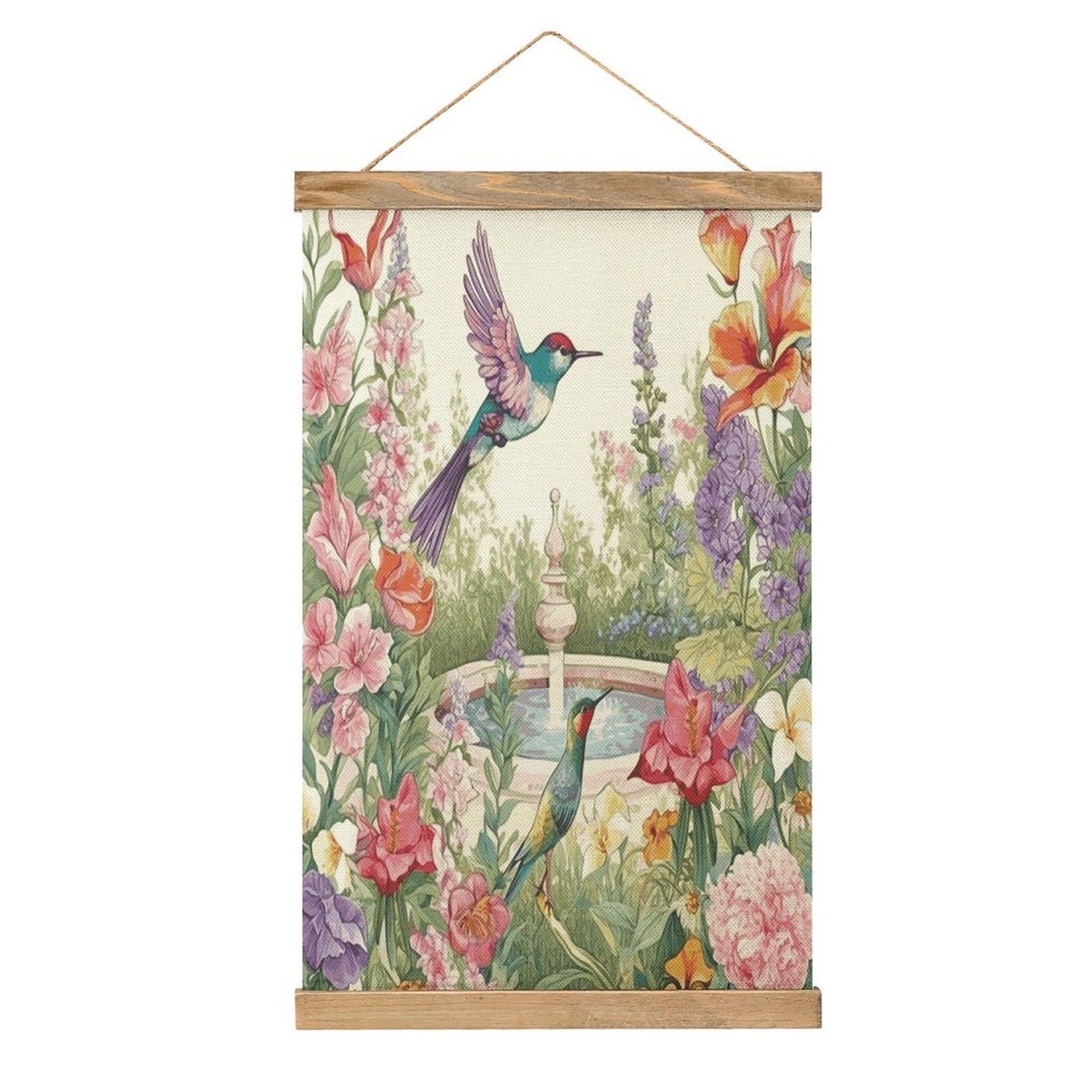 FekiLoot Garden with Birds And Flowers Linen Hanging Painting Vintage Poster Hanger Frame Wall Decor Art Painting Printed on Linen Without Fading Living Room Office Bedroom Playroom Apartment Decor