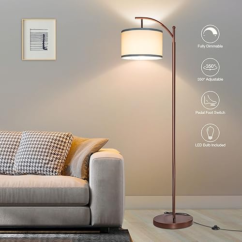 Floor Lamp with Dimmer Modern Fully Dimmable Standing Lamp Tall Pole Lamp with Adjustable Lamp Head Brown Floor Lamp with Hanging Shade Reading Standing Light for Living Room ,Bedroom 8W Bulb Included