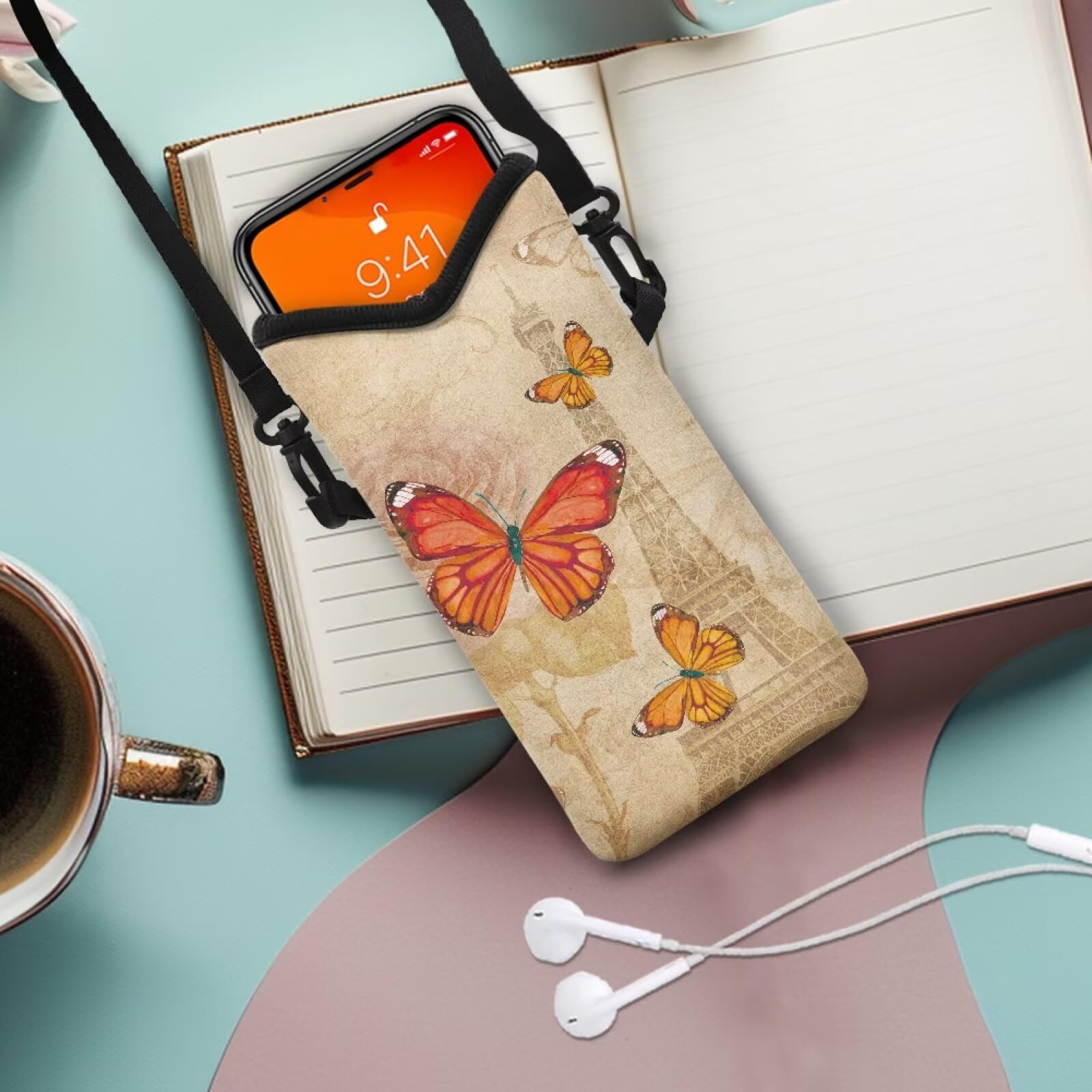 Torba na telefon crossbody wodoodporna mini torebka na telefon komórkowy z regulowanym paskiem pasuje do większości smartfonów, 20 cm x 10 cm, wieża Eiffla, motyl róża retro, jeden rozmiar