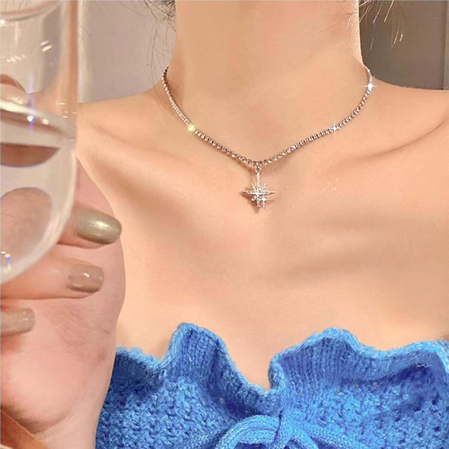 Vintage Crystal North Star Necklace Rhinestone Tennis Chain Necklace Silver Cz Star Pendant Necklace Crystal North Star Choker Necklace for Women - Image 2