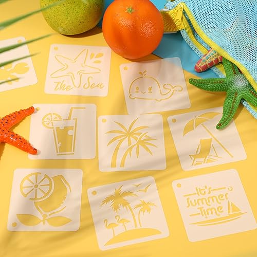 Miniatura 7 de Augshy Plantillas de playa, paquete de 56 plantillas de playa de verano, plantillas de madera hawaiana de vida oceánica para álbumes de recortes,
