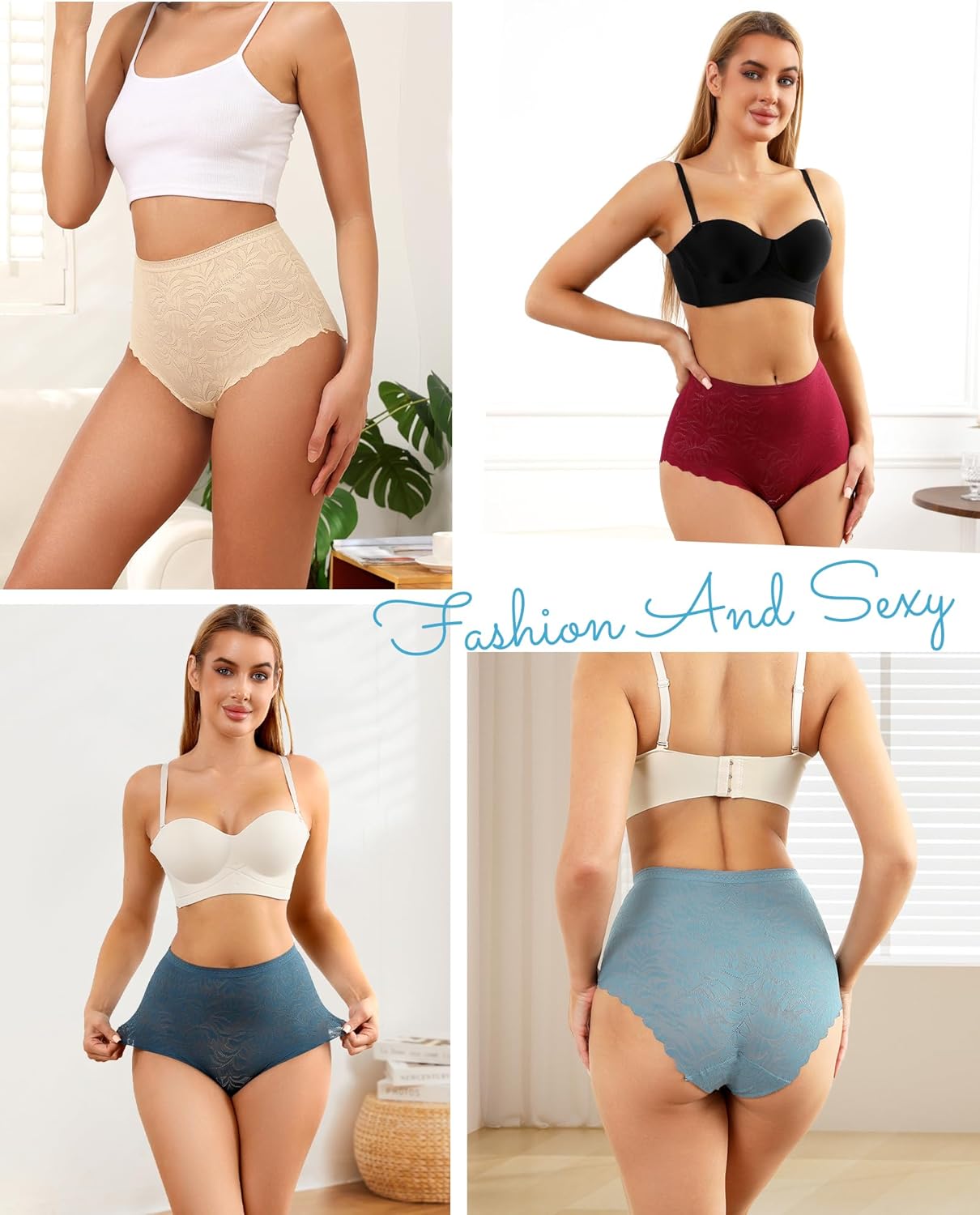 Levao Women's High Waist Lace Underwear, Soft Floral Lace Briefs with Mid-Coverage Panties for Women 4-Pack - Image 2