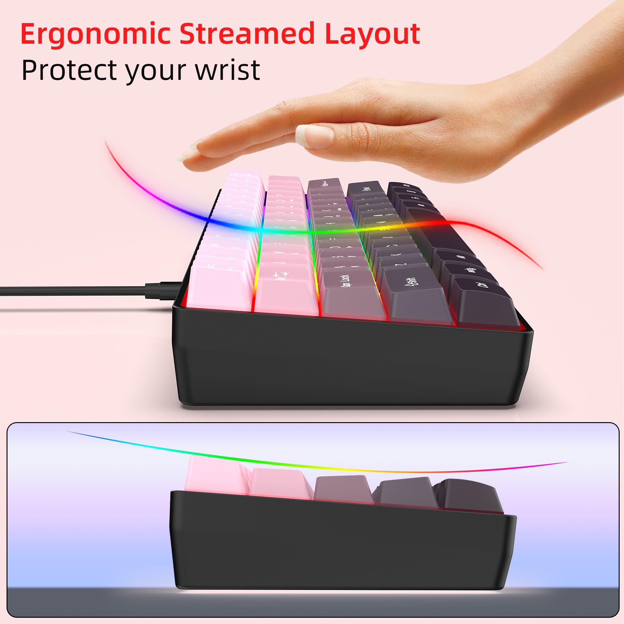 Snpurdiri 60% Wired Gaming Keyboard, Pink-Black view 6
