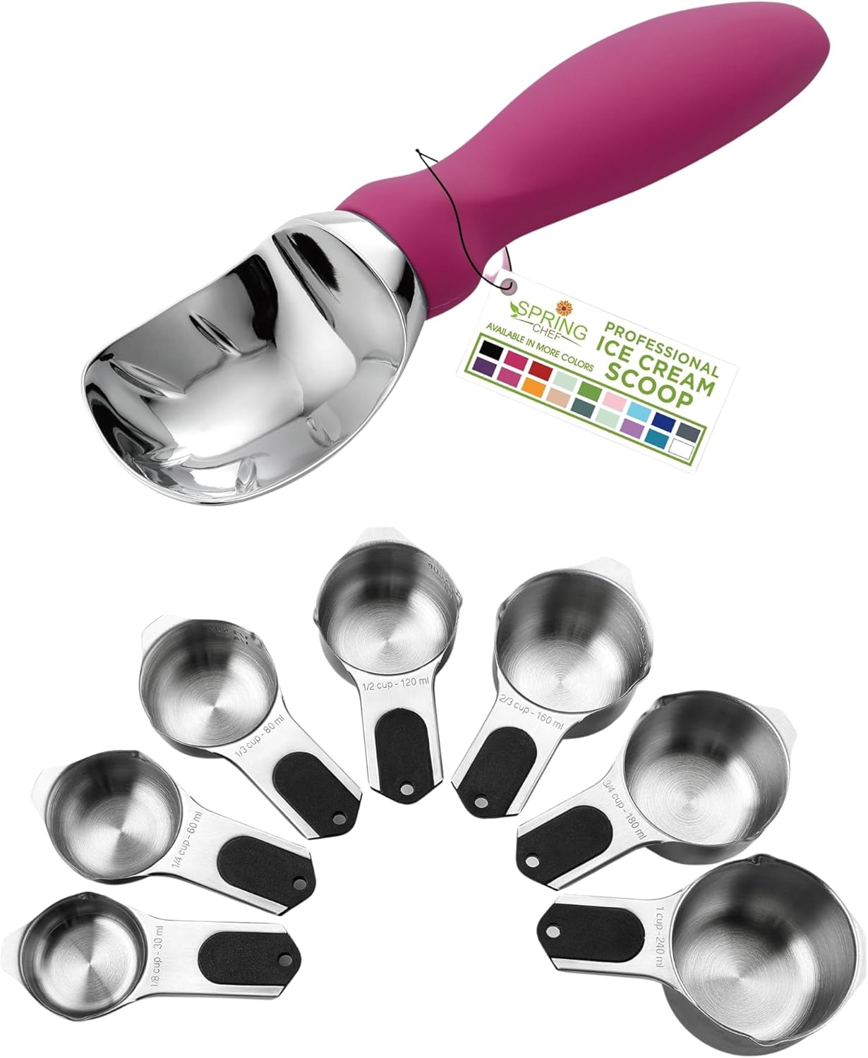 Spring Chef Premium Ice Cream Scoop, Magenta & Stainless Steel Magnetic Measuring Cups, Set of 7, Black - 2 Product Bundle