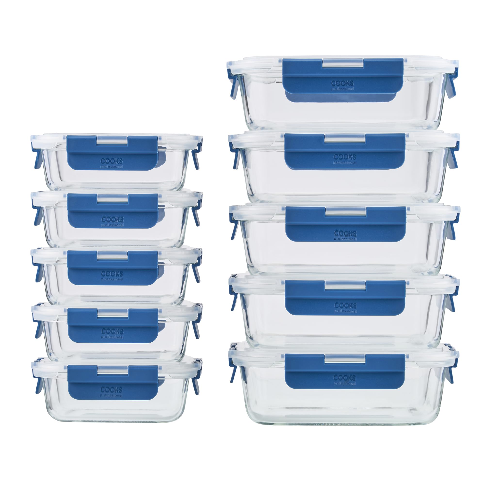 Cooks Professional Set di 10 barattoli in vetro per alimenti con coperchi ermetici in plastica, 10 pezzi, adatti per frigorifero, congelatore, forno e microonde, per conservare pasti e ingredienti, 5