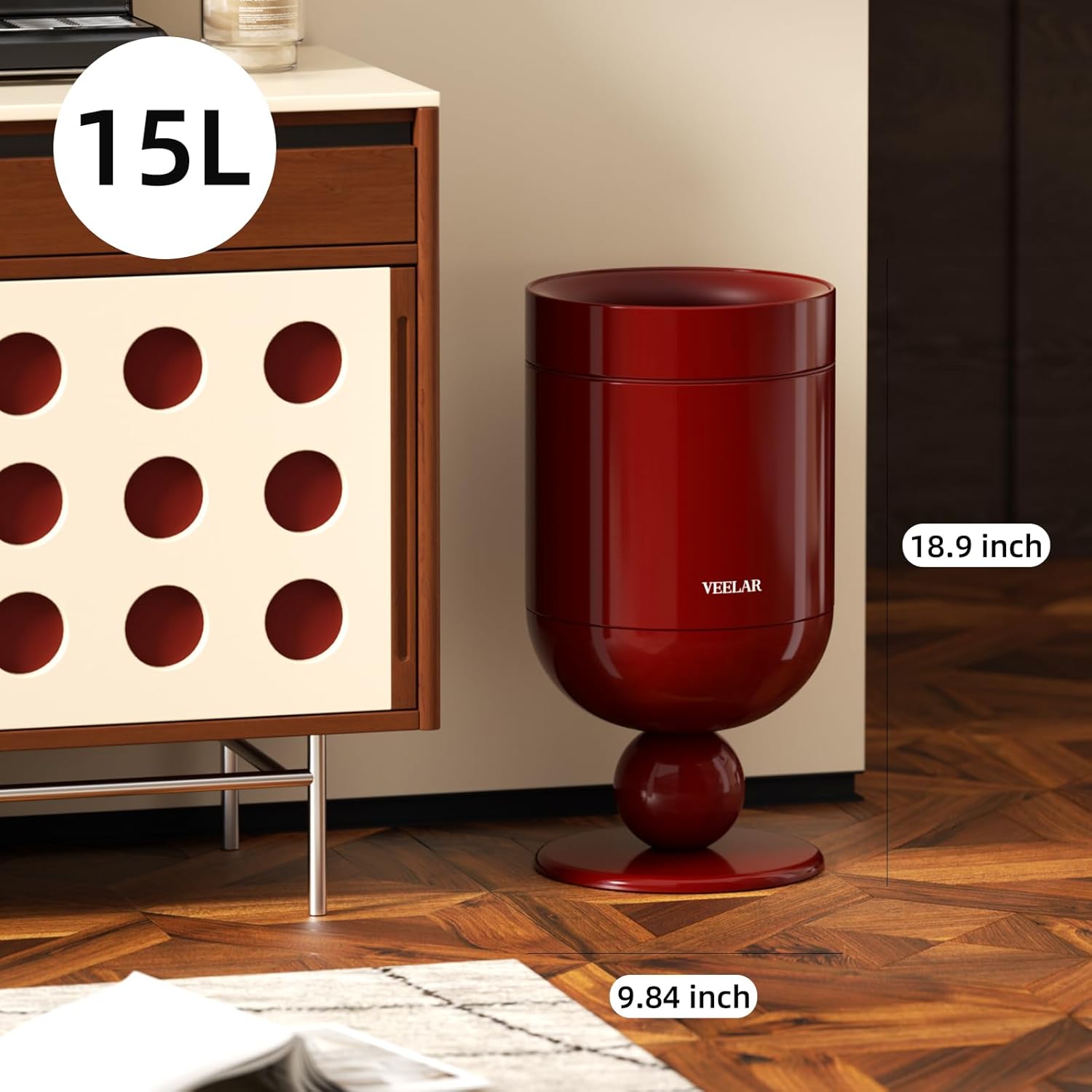 Bathroom Metal Trash Can, 4 Gallon (15 L) Garbage Can Lid-Free, Trash Bin for Bedroom, Office, Living Room (Burgundy, Top Open)