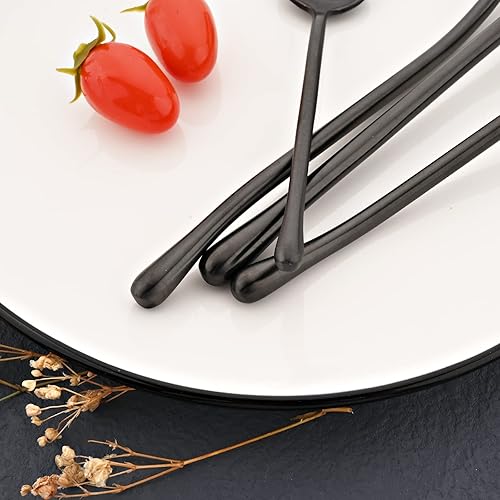 Miniatura 5 de JASHII Juego de cubiertos de lujo de acero inoxidable 1810, color negro, 24 piezas, tenedor, cuchara, mango redondo, acabado satinado, diseño único,