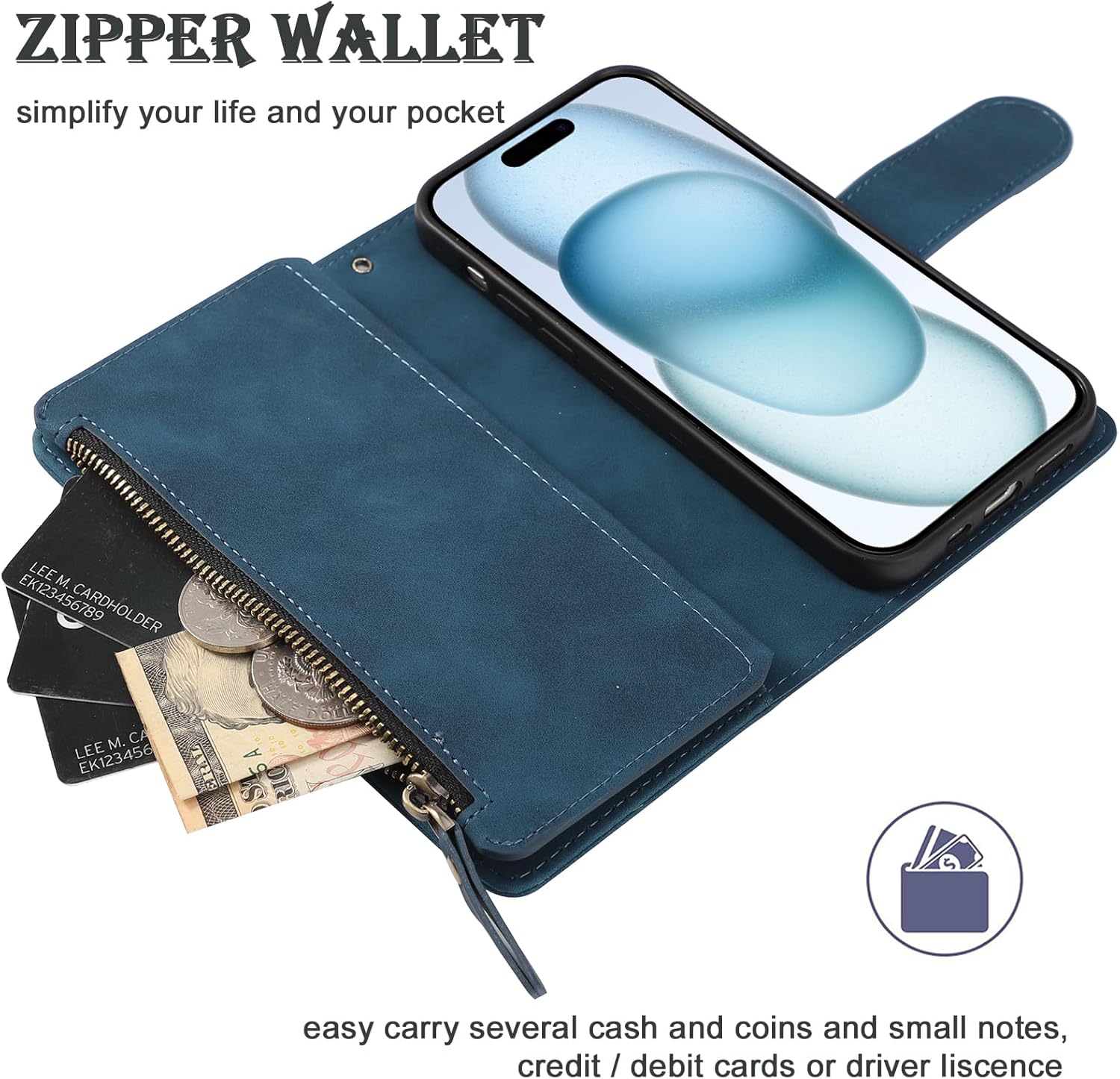 RANYOK Wallet Case for iPhone 15 (6.1 inch) with RFID Blocking Credit Card Holder, Premium PU Leather [Zipper Pocket] Flip Folio Case Wallet with Wrist Strap Kickstand Protective Case (Blue) - Image 4