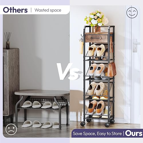 Miniatura 4 de SWTYMIKI Zapatero vertical rodante, torre de zapatos con cajón y ganchos, organizador de almacenamiento de zapatos para entrada, armario,