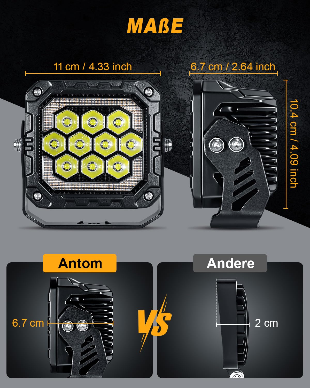 AnTom 2 Stück LED Arbeitsscheinwerfer 12V/24V mit ECE Zulassung, Rückfahrscheinwerfer für Traktor, Bagger, LKW, Zusatzscheinwerfer wasserdicht IP68, Arbeitslicht für Landwirtschaft & Offroad