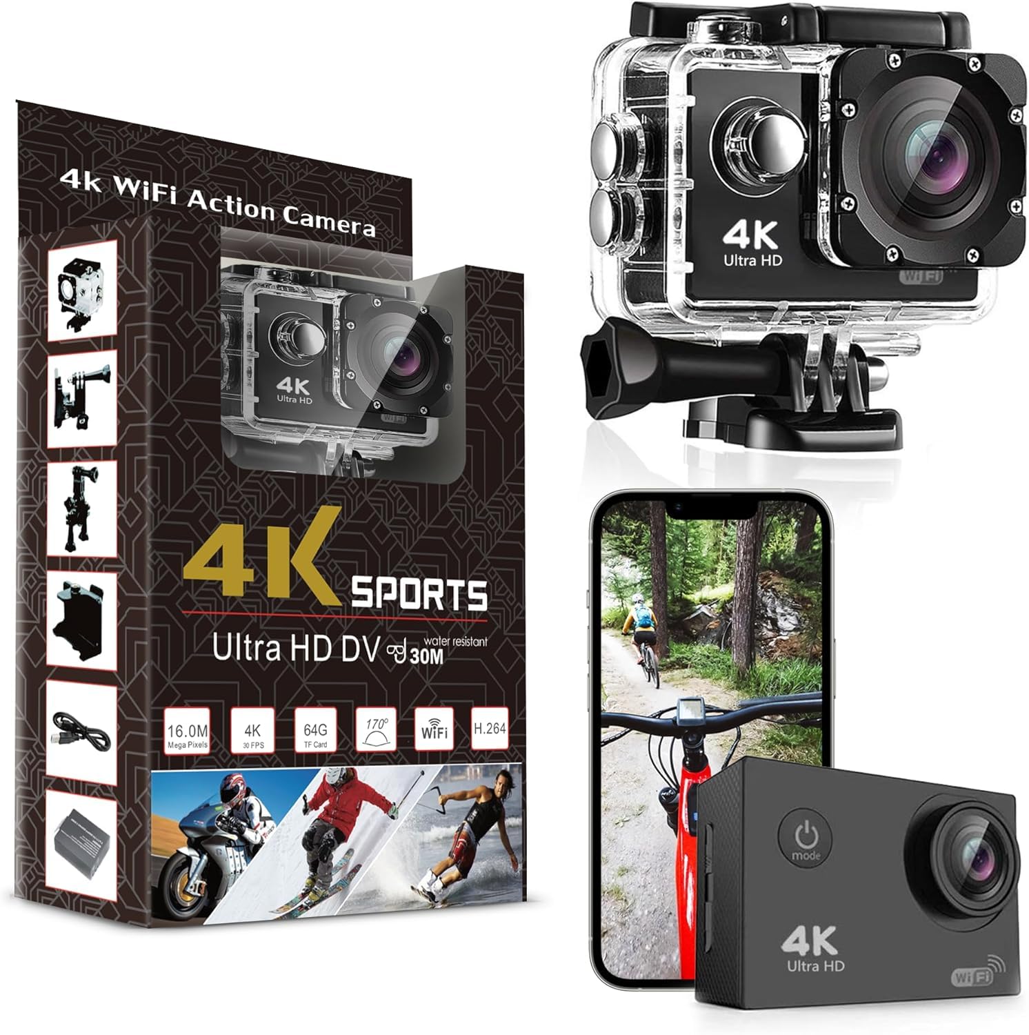 Printme 4K Action Camera - Ultra HD Waterproof Camera Video Camera with Wi-Fi, 170° Wide Angle Lens, Image Stabilization, Multiple Mounting Options - Perfect Underwater Camera Snorkeling