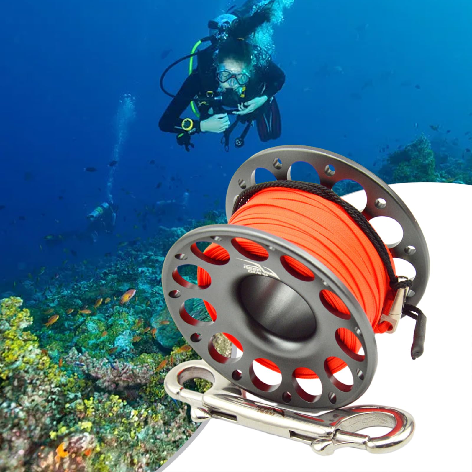 Bobine de doigt de 30 m en alliage d'aluminium avec double crochet - Engrenage de plongée en acier inoxydable pour fournitures de plongée sous-marine