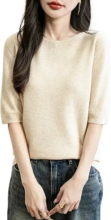 Chanyarn Women's Seamless Merino Wool Short-Sleeve Crewneck Sweater