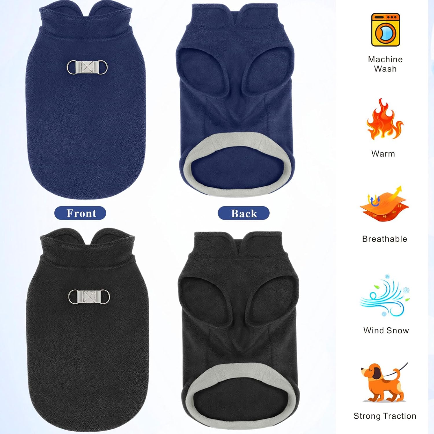 Idepet 2 Pack Dog Fleece Vest Sweater Warm Pullover Jacket with D-Ring Leash Reflective Winter Coat Hoodie for Puppy Cat French Bulldog Pug Chihuahuas Yorkies Dachshunds(Black&Blue,Medium)