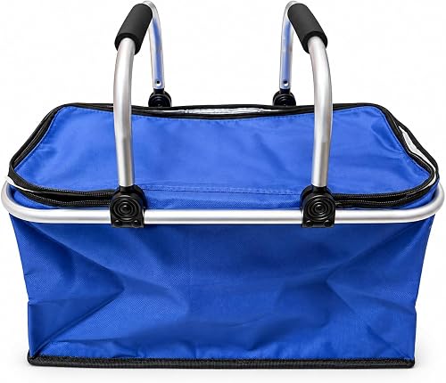 ExcelP Insulated Picnic Basket Cooler Bag, Foldable with Aluminium Handles, for Outdoor Use (Blue)
