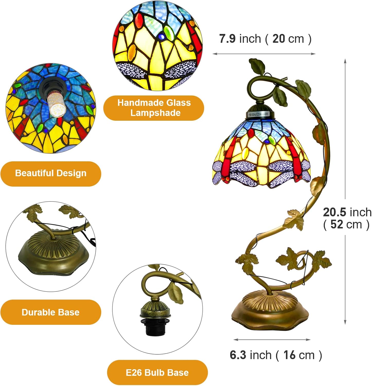 Blue Dragonfly Tiffany Table Lamp Bedside Lamp Tall Curved Style Stained Glass Lamp with Metal Leaf Decor Nightstand Desk Reading Light for Bedroom, Living Room, Office