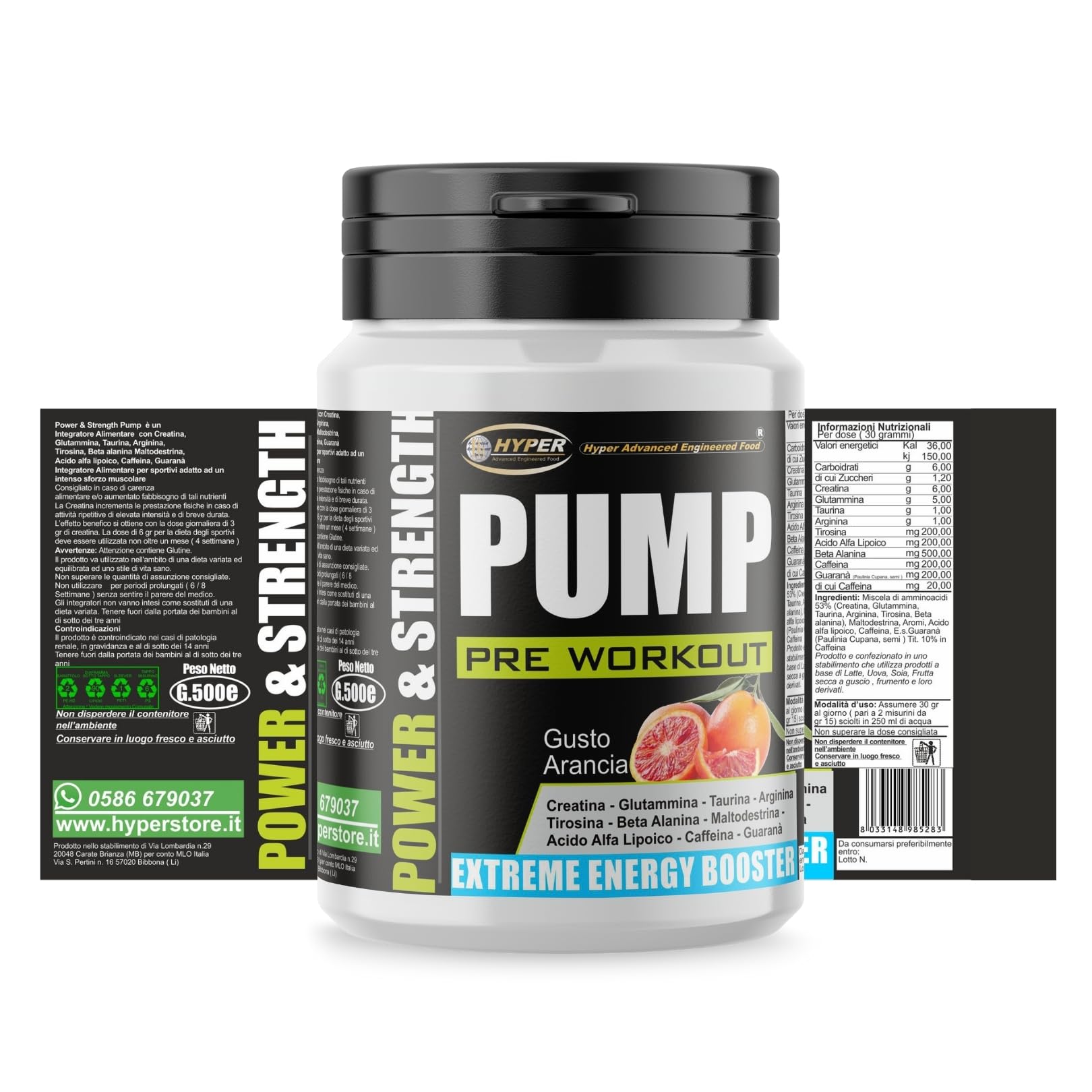 Hyper Pre Workout Potente Power & Strength Pump 500 gr - Preworkout Bodybuilding con Creatina, Glutammina, Taurina, Arginina, Tirosina, Acido Alfa Lipoico, Beta Alanina, Caffeina e Guaranà.