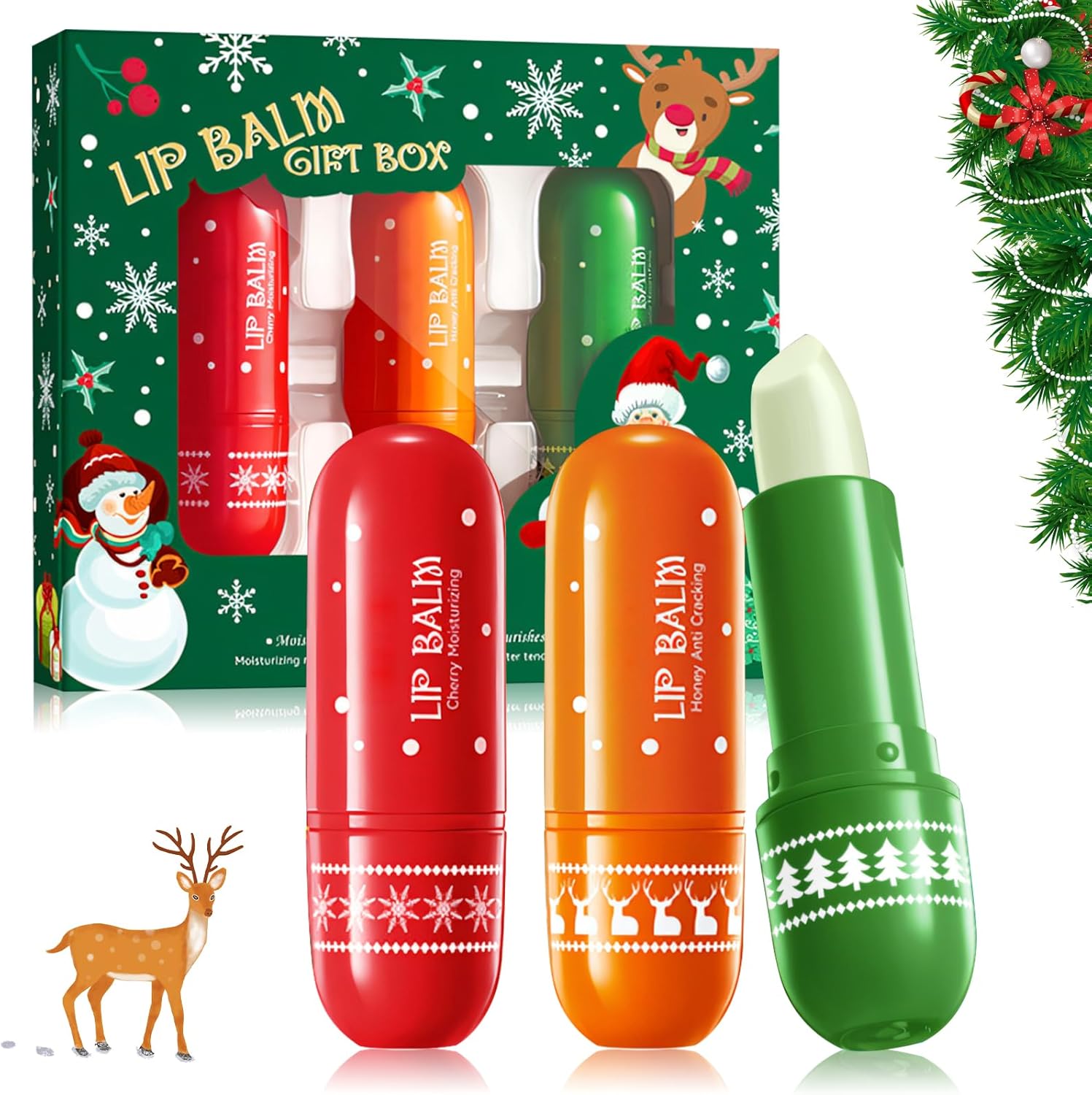 Lip Balm Set, 3 Piece Christmas Lip Care Set, Rotating Hydrating Lip Balm Stick for Dry Lips, Deep Exfoliation, Protect Skin of Lips, Gifts for Friends and Family