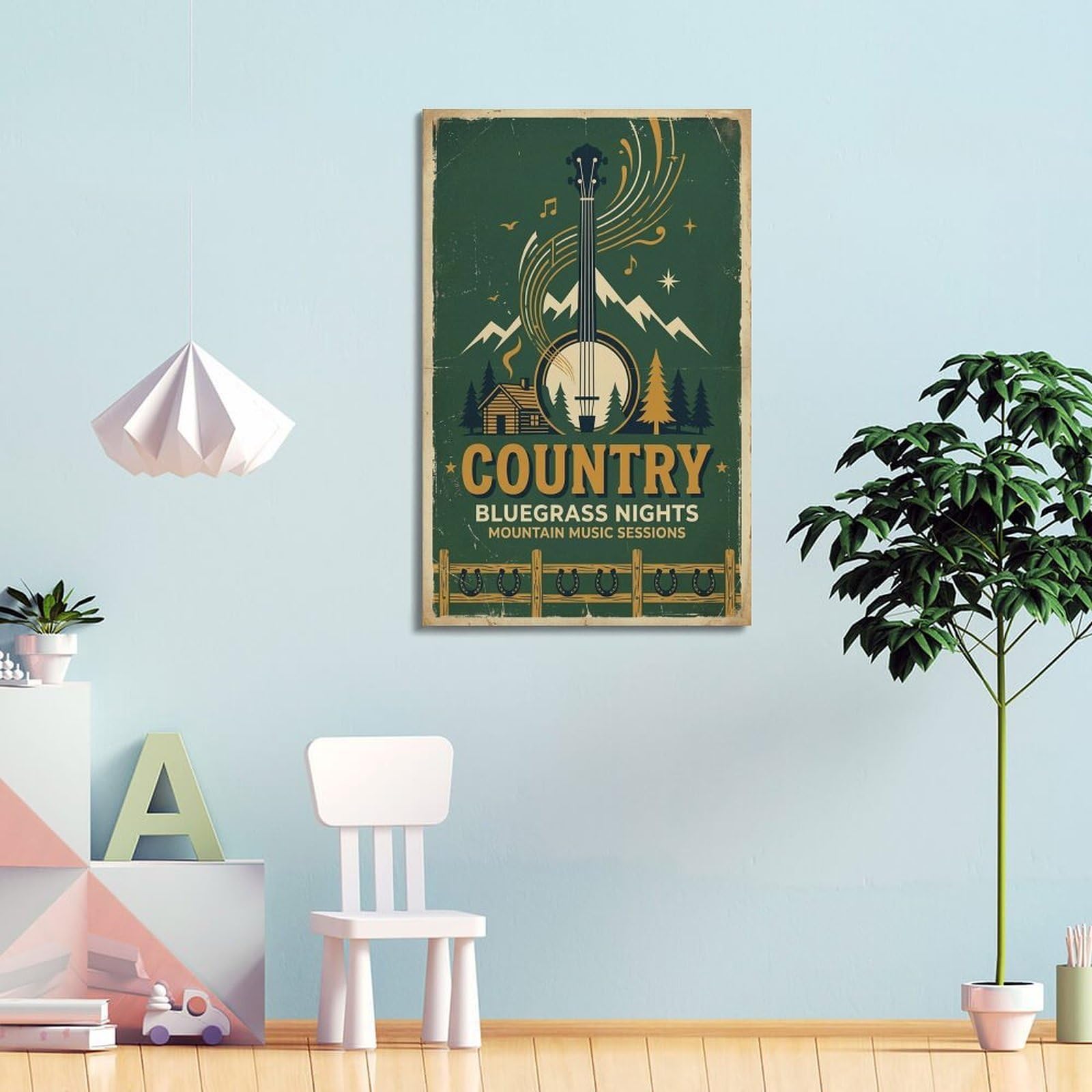 XKUGA Poster con stampa su tela, stile retrò con capanna di tronchi bluegrass, musica country, moderna, decorativa, decorazione artistica da parete per famiglia, grotta degli uomini, sala giochi