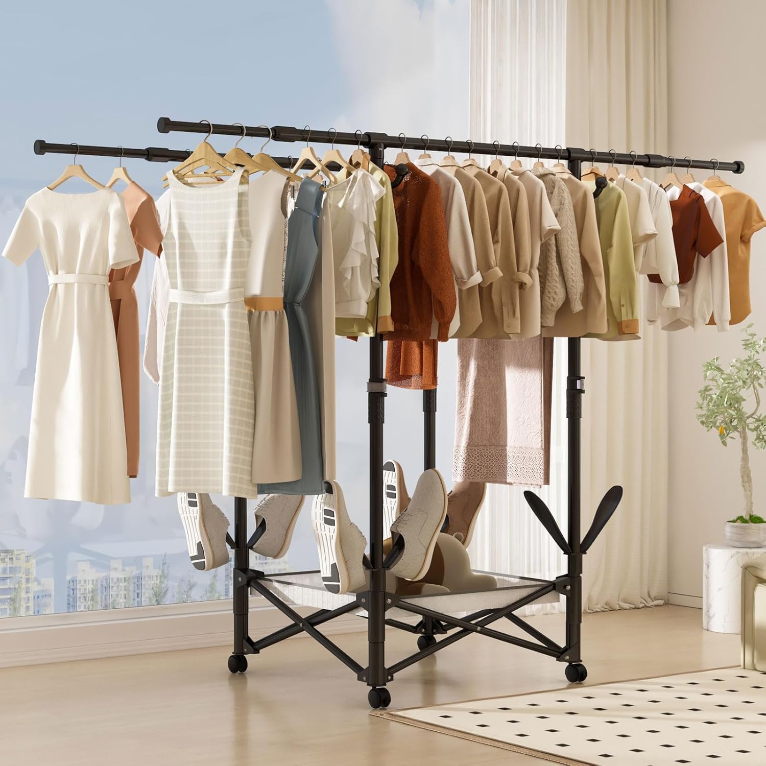 Portable Foldable Clothes Drying Rack - Adjustable Double Extendable Rods (33.1” to 56.7”) - Easy No-Assembly Space-Saving Design with Free-Standing Wheels -Suitable for multiple scenarios (Black)