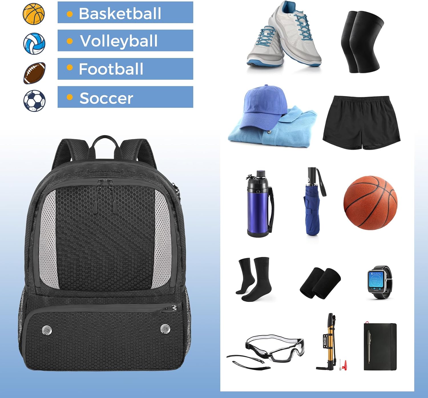 YOREPEK Basketball Backpack, Lightweight Basketball Bag with Ball Holder & Shoes Compartment, Sports Backpack Training Equipment Fit Soccer Volleyball Football - Image 6