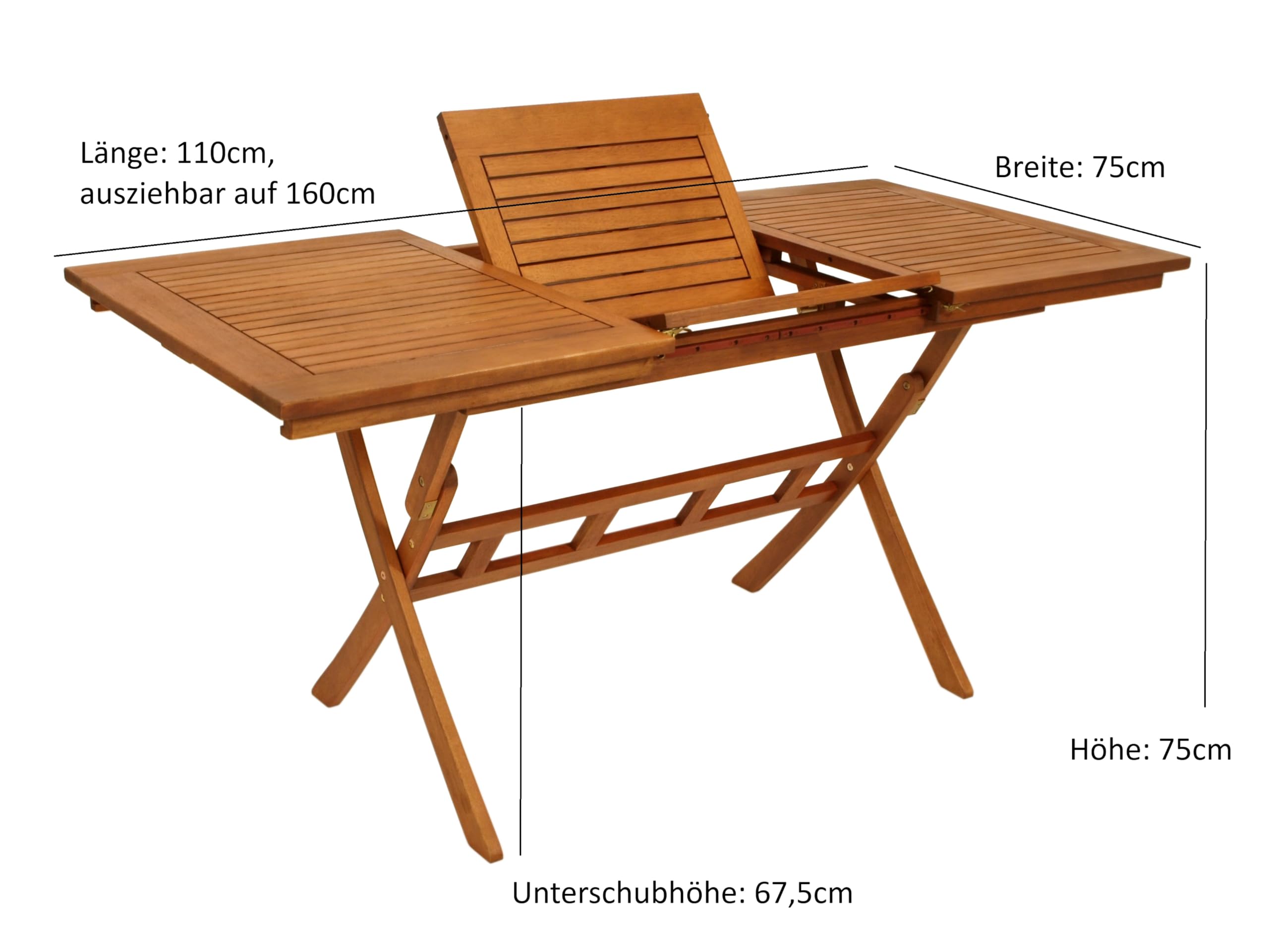 DEGAMO Ausziehtisch Klapptisch LAGO 110/160x75cm, klappbar und ausziehbar, Eukalyptus Holz geölt, Outdoor