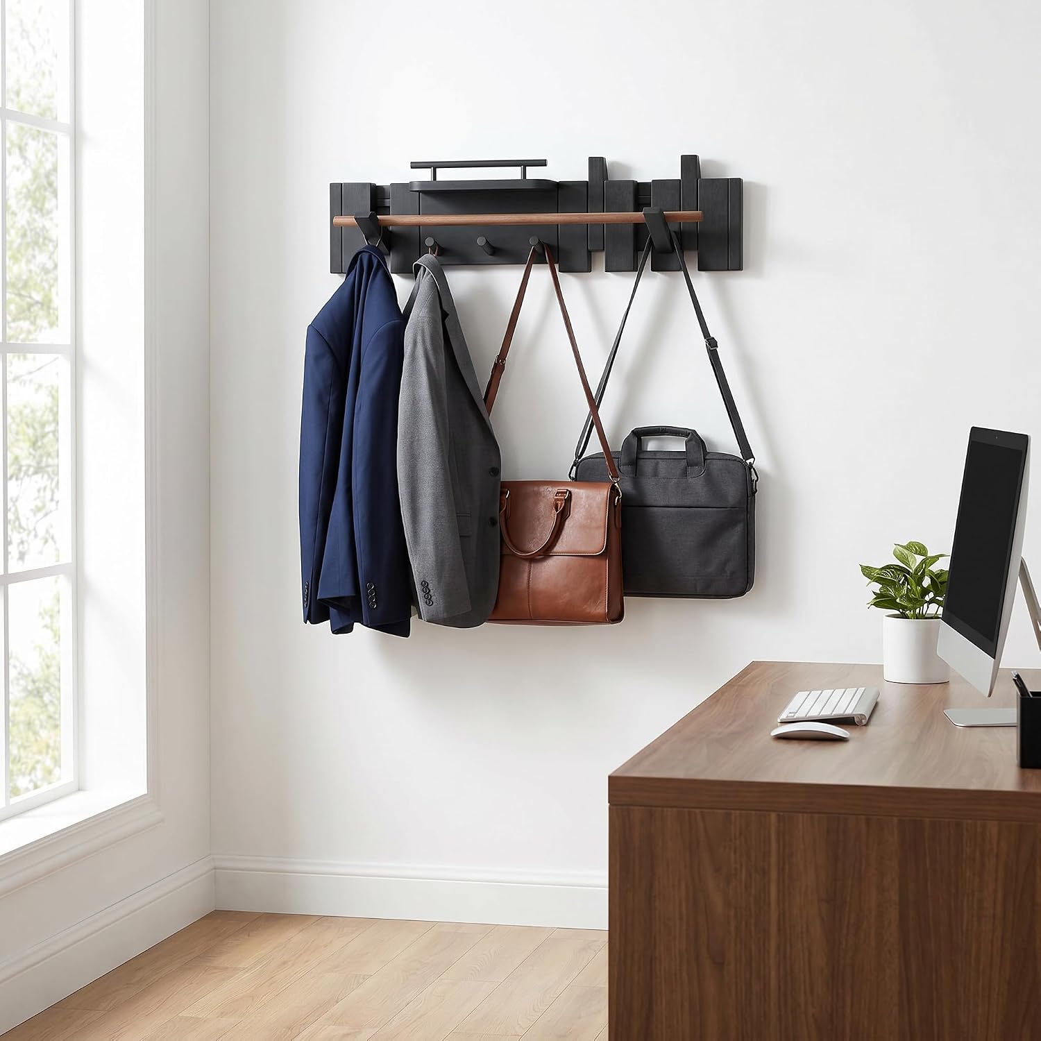 Mid Century Modern Wood Coat Rack Wall Mount with Shelf, 7 Hooks, Black