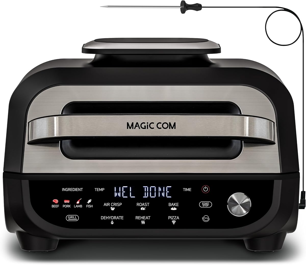 MAGiC COM Combo de freidora de aire para parrilla interior, parrilla eléctrica 7 en 1 con bistec, asado, crujiente al aire, horneado, deshidratado, pizza y recalentado. Termómetro inteligente, antiadherente, apto para lavavajillas/negro