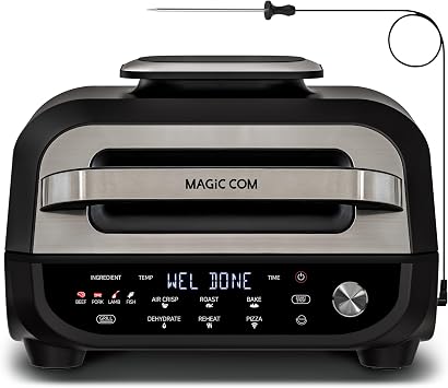 MAGiC COM Indoor Grill Air Fryer Combo, 7-in-1 Electric Grill with Steak, Roast, Air Crisp, Bake, Dehydrate, Pizza and Reheat. Smart Thermometer, Non-Stick, Dishwasher Safe/ Black
